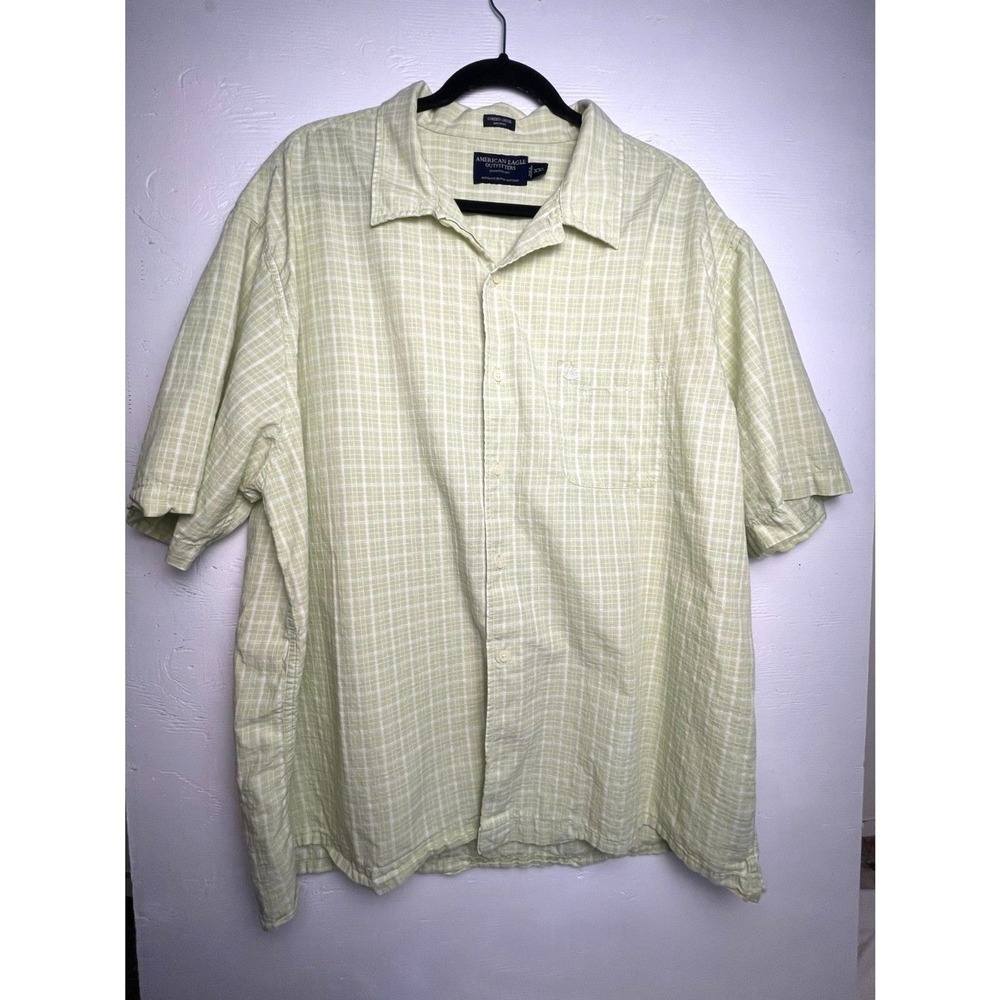 American Eagle Button-Up Shirt Men's XXL Green White Plaid Seersucker Beach